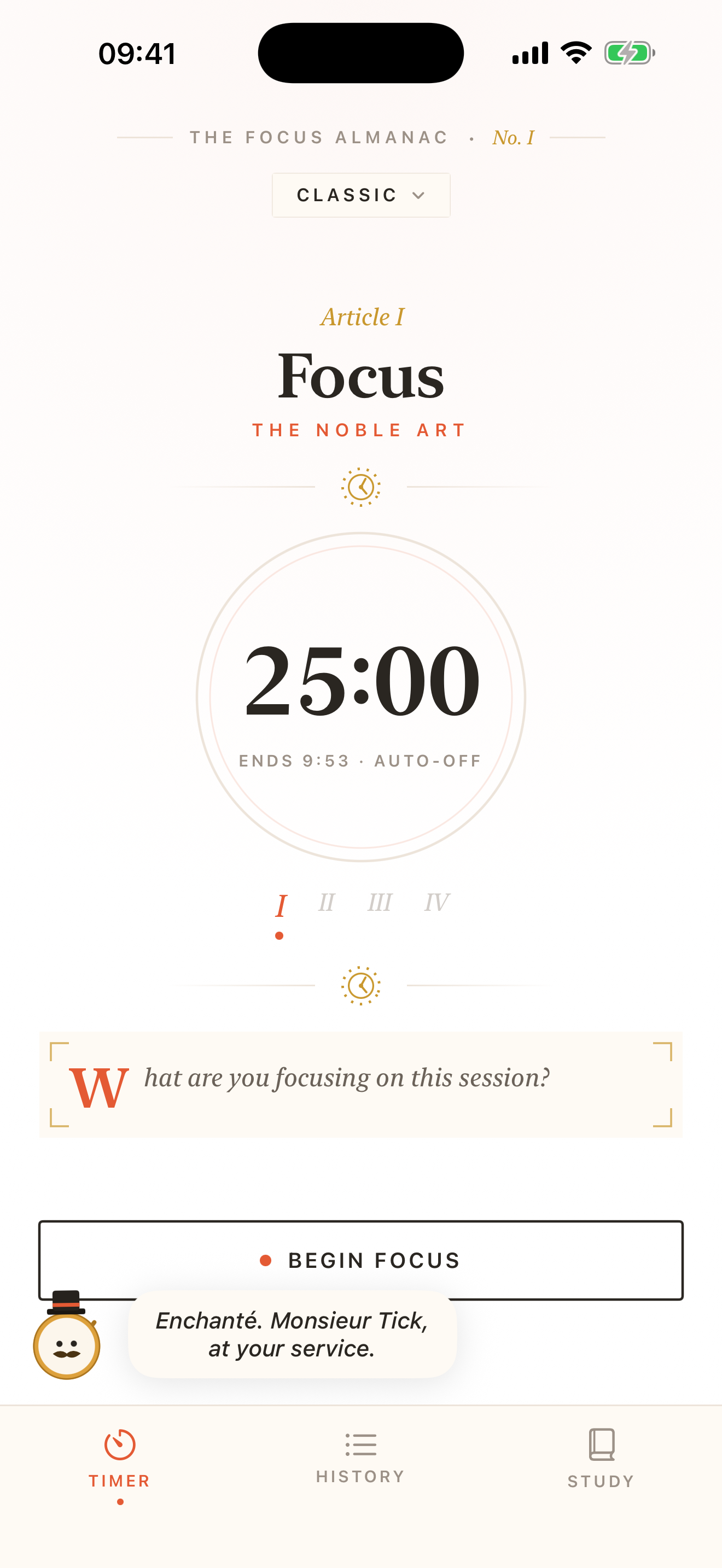 The glanceable Almanac timer, mid-session at 25:00